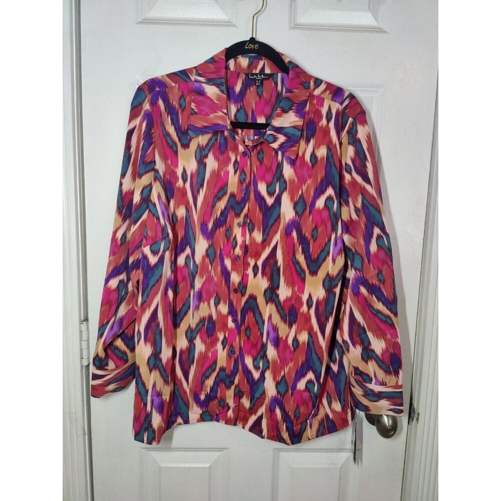 Nicole Miller Woman Pink Purple Tribal Abstract Silky Blouse 2X NWT